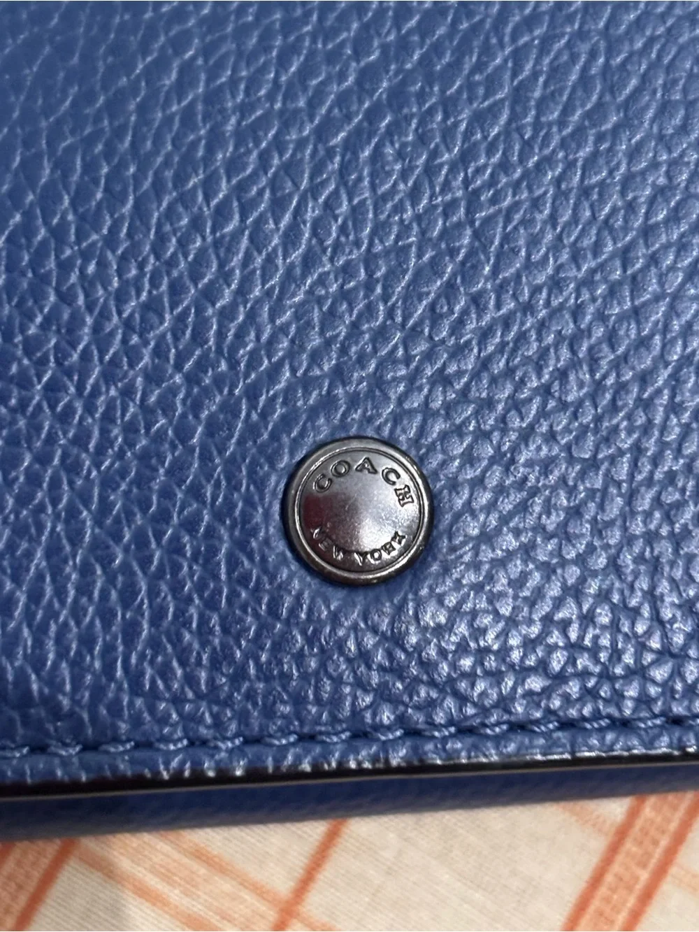 Coach Navy Blue Pebbled Leather Trifold Snap Wallet
